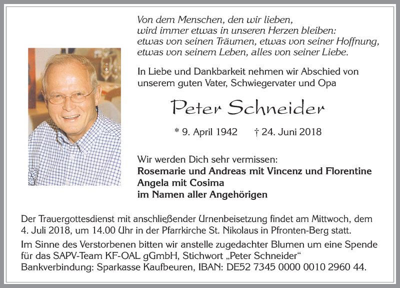  Traueranzeige für Peter Schneider vom 29.06.2018 aus Allgäuer Zeitung, Füssen