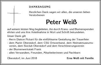 Traueranzeige von Peter Weiß von Allgäuer Anzeigeblatt