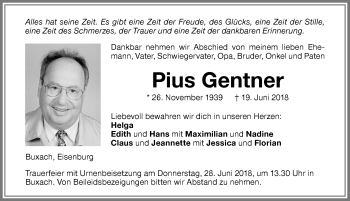 Traueranzeige von Pius Gentner von Memminger Zeitung
