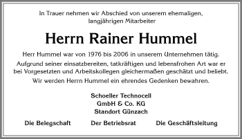 Traueranzeige von Rainer Hummel von Allgäuer Zeitung, Marktoberdorf