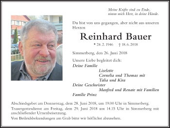 Traueranzeige von Reinhard Bauer von Der Westallgäuer