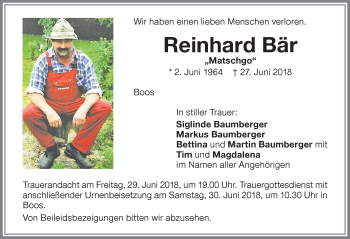 Traueranzeige von Reinhard Bär von Memminger Zeitung