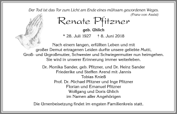 Traueranzeige von Renate Pfitzner von Allgäuer Zeitung, Füssen