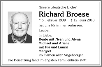 Traueranzeige von Richard Broese von Allgäuer Zeitung,Kempten