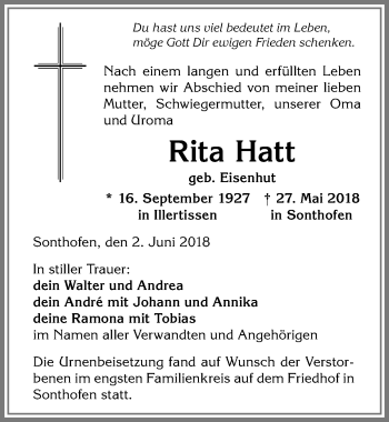 Traueranzeige von Rita Hatt von Allgäuer Anzeigeblatt