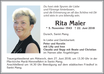 Traueranzeige von Rita Maier von Allgäuer Zeitung,Kempten