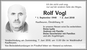 Traueranzeige von Rolf Vogl von Allgäuer Zeitung, Kaufbeuren/Buchloe