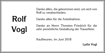 Traueranzeige von Rolf Vogl von Allgäuer Zeitung, Kaufbeuren/Buchloe