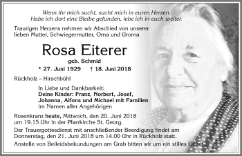 Traueranzeige von Rosa Eiterer von Allgäuer Zeitung, Füssen