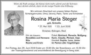 Traueranzeige von Rosina Maria Steger von Allgäuer Zeitung