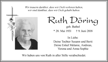 Traueranzeige von Ruth Döring von Allgäuer Zeitung, Füssen