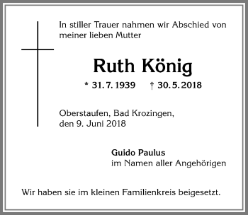 Traueranzeige von Ruth König von Allgäuer Anzeigeblatt