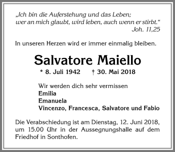 Traueranzeige von Salvatore Maiello von Allgäuer Anzeigeblatt