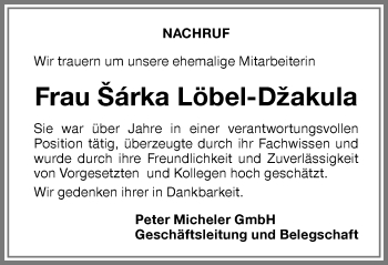 Traueranzeige von Sarka Löbel-Dzakula von Memminger Zeitung