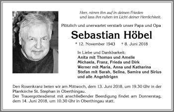 Traueranzeige von Sebastian Höbel von Allgäuer Zeitung, Marktoberdorf