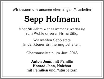 Traueranzeige von Sepp Hofmann von Allgäuer Anzeigeblatt