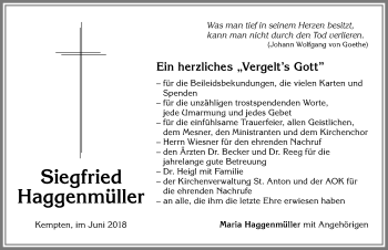 Traueranzeige von Siegfried Haggenmüller von Allgäuer Zeitung,Kempten