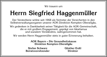 Traueranzeige von Siegfried Haggenmüller von Allgäuer Zeitung,Kempten