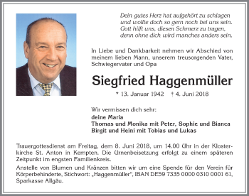 Traueranzeige von Siegfried Haggenmüller von Allgäuer Zeitung,Kempten