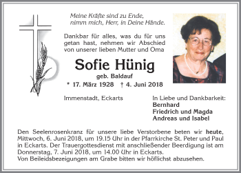 Traueranzeige von Sofie Hünig von Allgäuer Anzeigeblatt