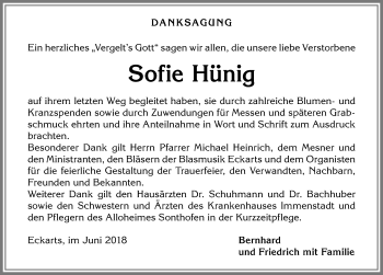 Traueranzeige von Sofie Hünig von Allgäuer Anzeigeblatt