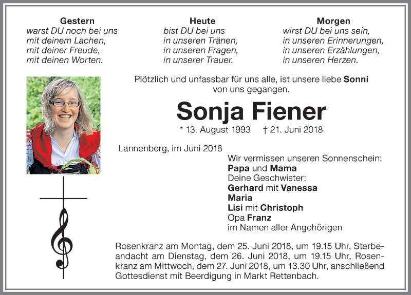  Traueranzeige für Sonja Fiener vom 23.06.2018 aus Memminger Zeitung