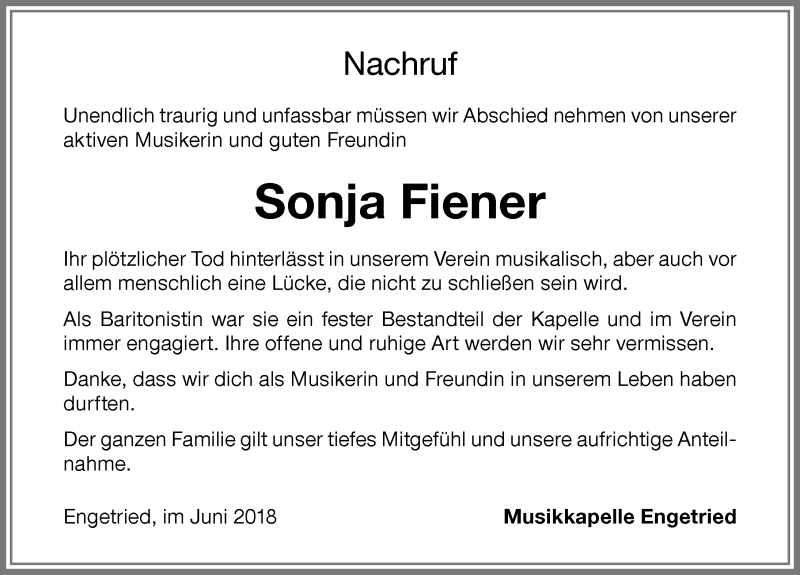  Traueranzeige für Sonja Fiener vom 26.06.2018 aus Memminger Zeitung