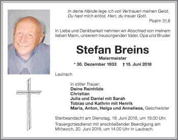 Traueranzeige von Stefan Breins von Memminger Zeitung