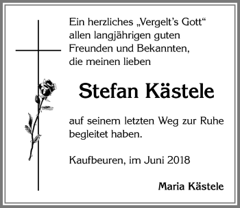 Traueranzeige von Stefan Kästele von Allgäuer Zeitung, Kaufbeuren/Buchloe
