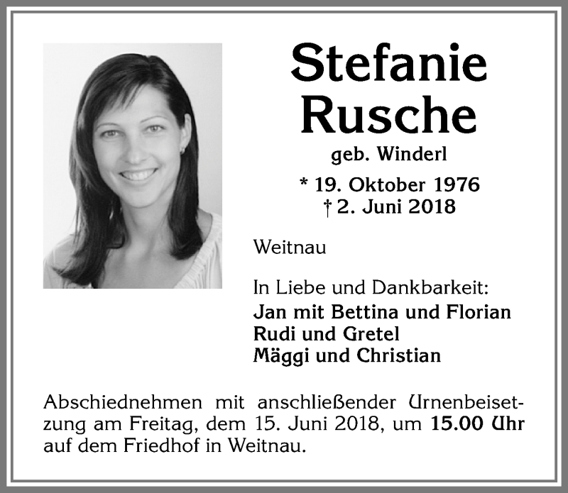  Traueranzeige für Stefanie Rusche vom 09.06.2018 aus Allgäuer Zeitung,Kempten