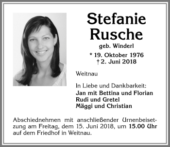 Traueranzeige von Stefanie Rusche von Allgäuer Zeitung,Kempten