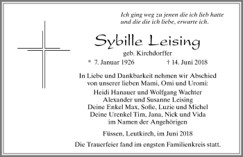 Traueranzeige von Sybille Leising von Allgäuer Zeitung, Füssen