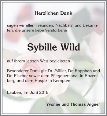 Traueranzeige von Sybille Wild von Allgäuer Zeitung,Kempten