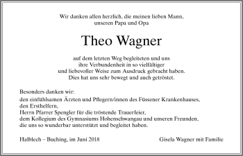 Traueranzeige von Theo Wagner von Allgäuer Zeitung, Füssen
