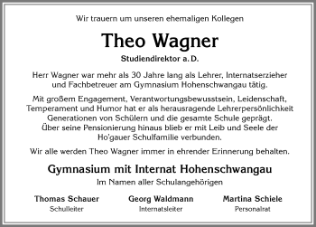Traueranzeige von Theo Wagner von Allgäuer Zeitung, Füssen