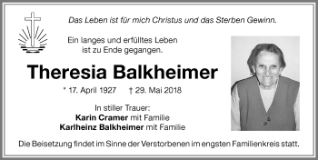 Traueranzeige von Theresia Balkheimer von Memminger Zeitung