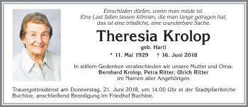 Traueranzeige von Theresia Krolop von Allgäuer Zeitung, Kaufbeuren/Buchloe