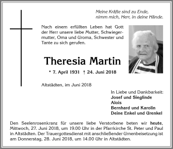 Traueranzeige von Theresia Martin von Allgäuer Anzeigeblatt