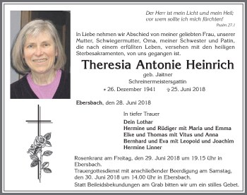 Traueranzeige von Theresia Antonie Heinrich von Allgäuer Zeitung, Marktoberdorf