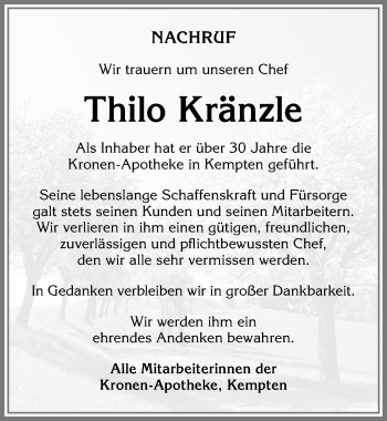 Traueranzeige von Thilo Kränzle von Allgäuer Zeitung,Kempten