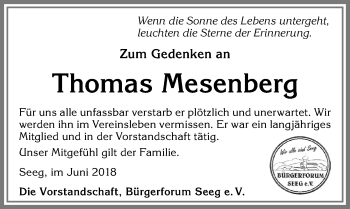 Traueranzeige von Thomas Mesenberg von Allgäuer Zeitung, Füssen