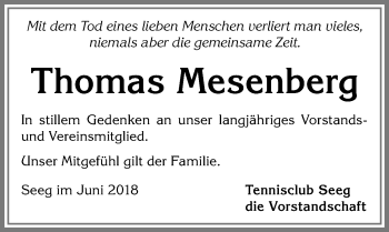 Traueranzeige von Thomas Mesenberg von Allgäuer Zeitung, Füssen