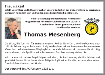 Traueranzeige von Thomas Mesenberg von Allgäuer Zeitung, Füssen