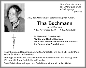 Traueranzeige von Tina Buchmann von Allgäuer Zeitung, Marktoberdorf