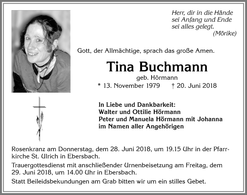  Traueranzeige für Tina Buchmann vom 27.06.2018 aus Allgäuer Zeitung, Marktoberdorf
