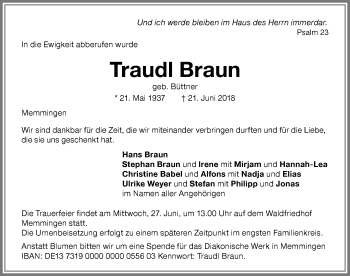 Traueranzeige von Traudl Braun von Memminger Zeitung