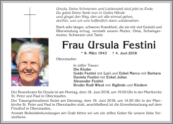 Traueranzeige von Ursula Festini von Allgäuer Anzeigeblatt