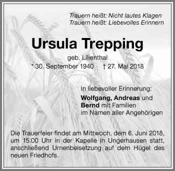 Traueranzeige von Ursula Trepping von Memminger Zeitung