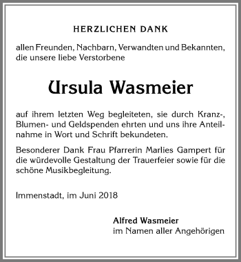 Traueranzeige von Ursula Wasmeier von Allgäuer Anzeigeblatt