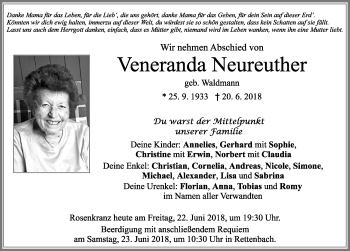 Traueranzeige von Veneranda Neureuther von Allgäuer Zeitung, Marktoberdorf
